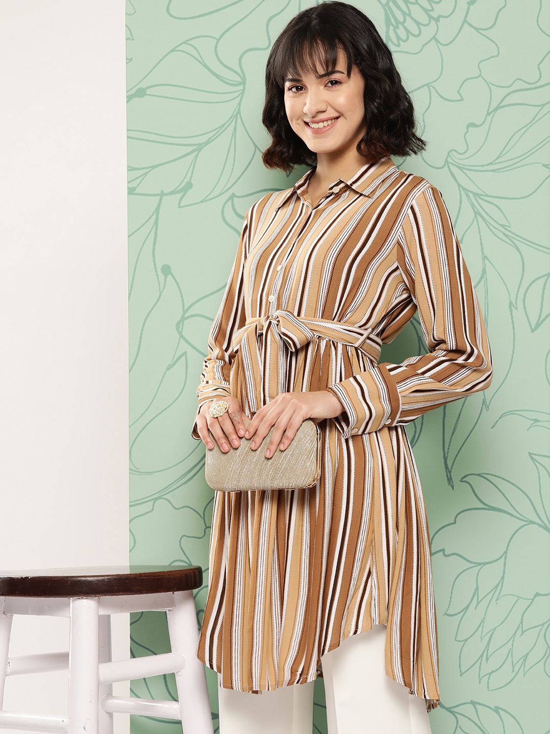 

KALINI Brown Viscose Rayon Shirt Collar Striped Tunic