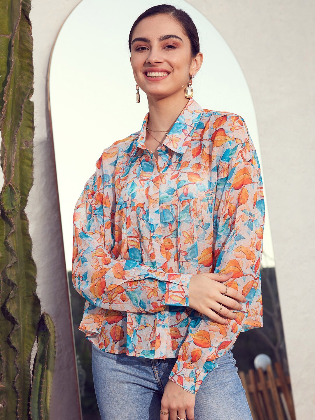 

STREET 9 Floral Printed Comfort Fit Casual Shirt, Orange