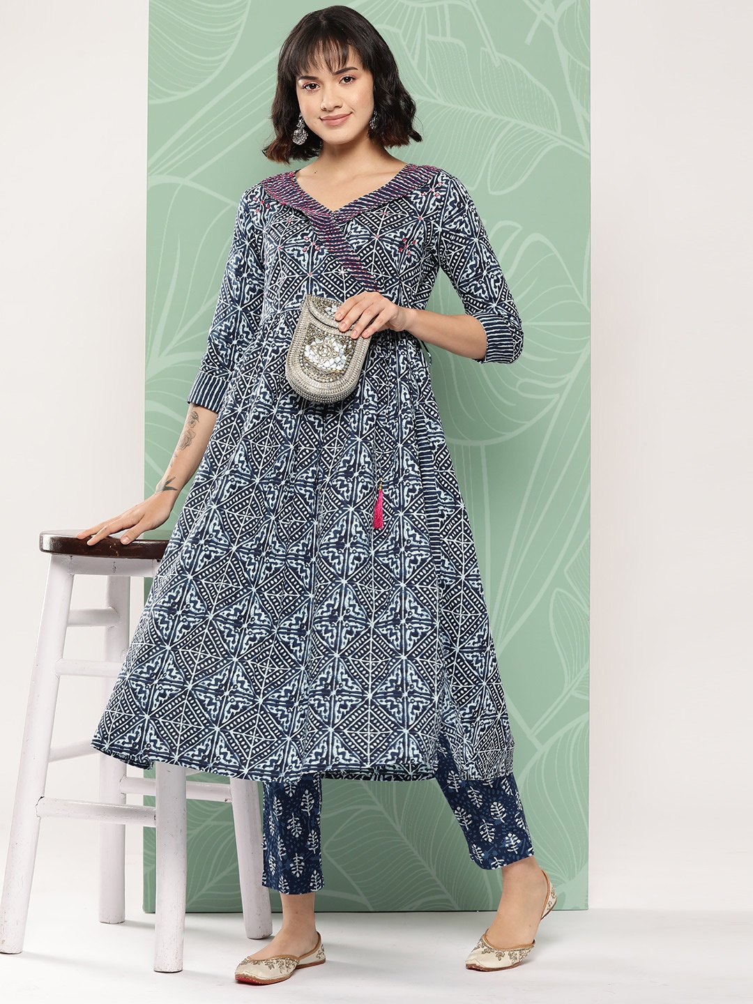 

KALINI Women Printed Angrakha Thread Work Pure Cotton Kurta with Trousers, Blue