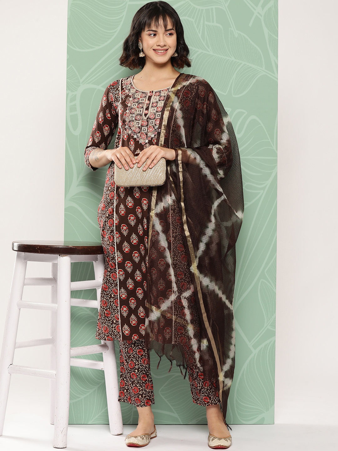 

KALINI Women Ethnic Motifs Printed Regular Pure Cotton Kurta with Trousers & Dupatta, Brown