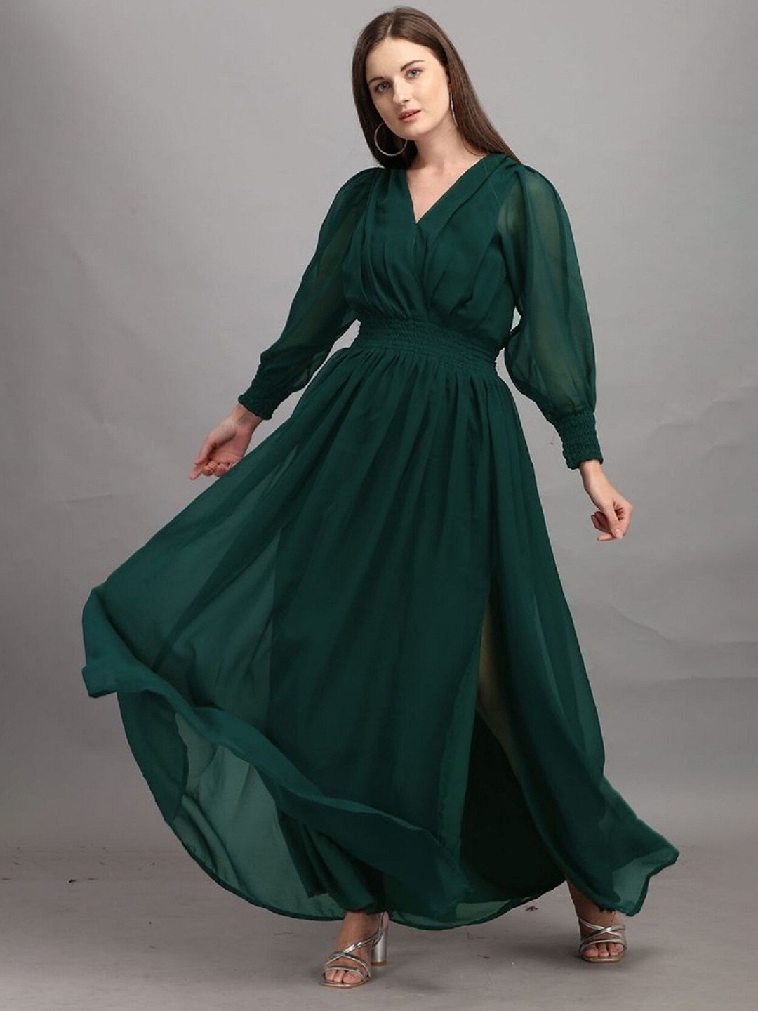 

YOYO Fashion V-Neck Puff Sleeve Georgette Maxi Dress, Green