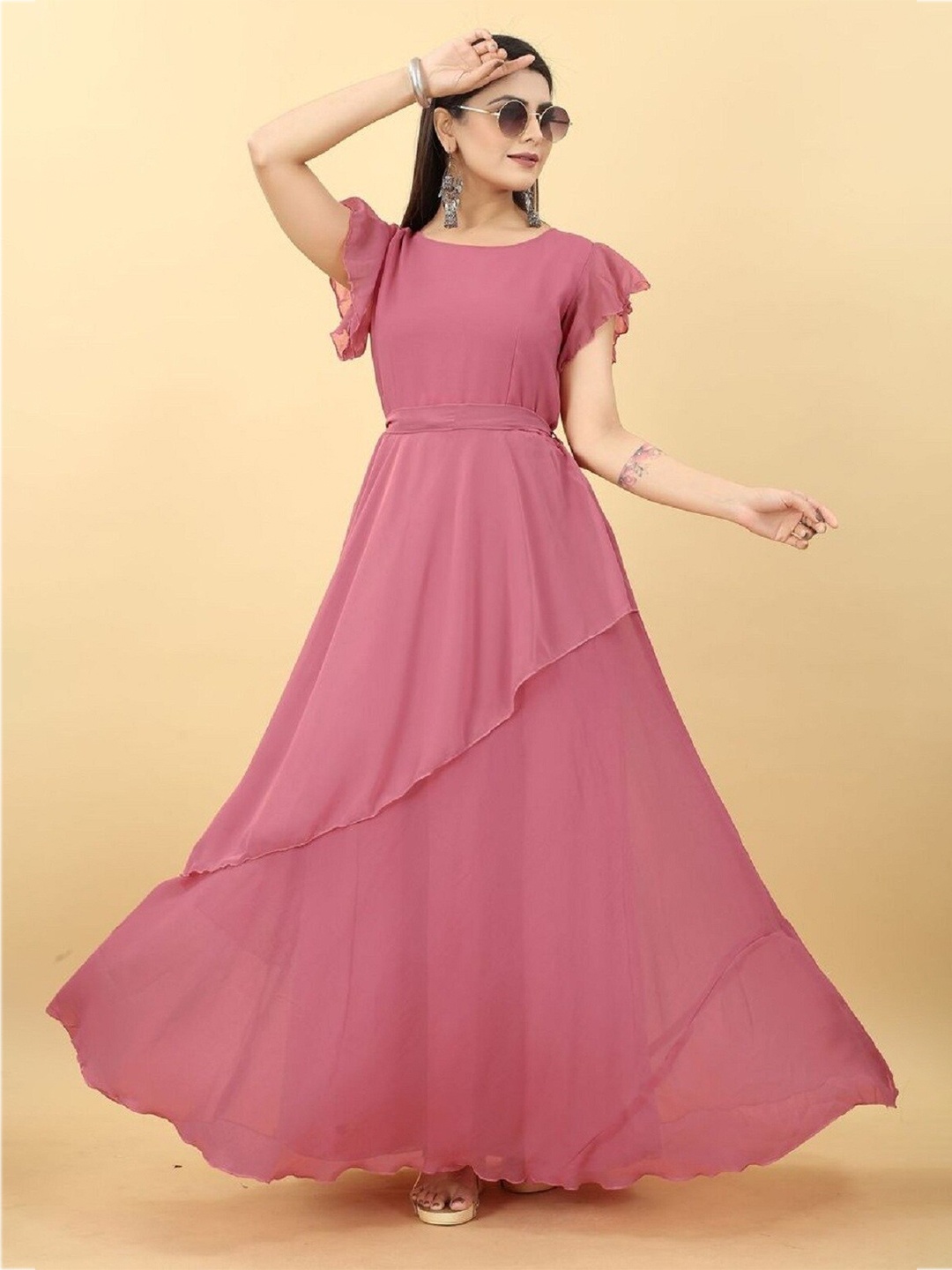 

YOYO Fashion Flutter Sleeves Layered Georgette Maxi Dress, Peach