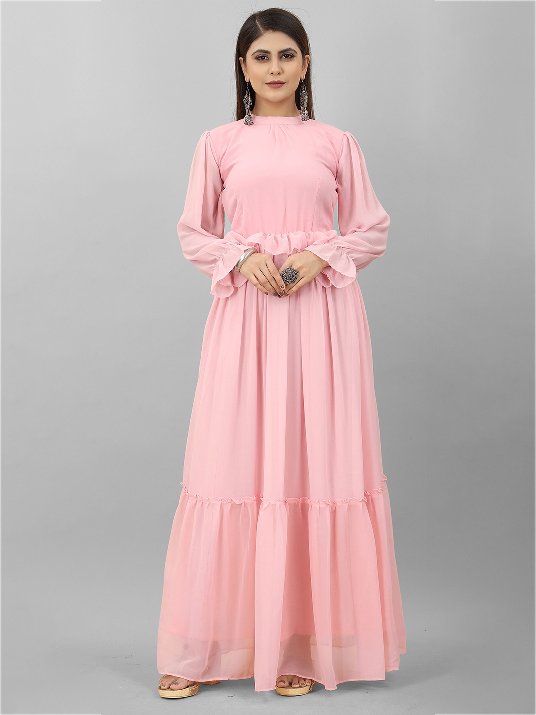 

YOYO Fashion Puffed Sleeves Ruflles Georgette Maxi Dress, Pink