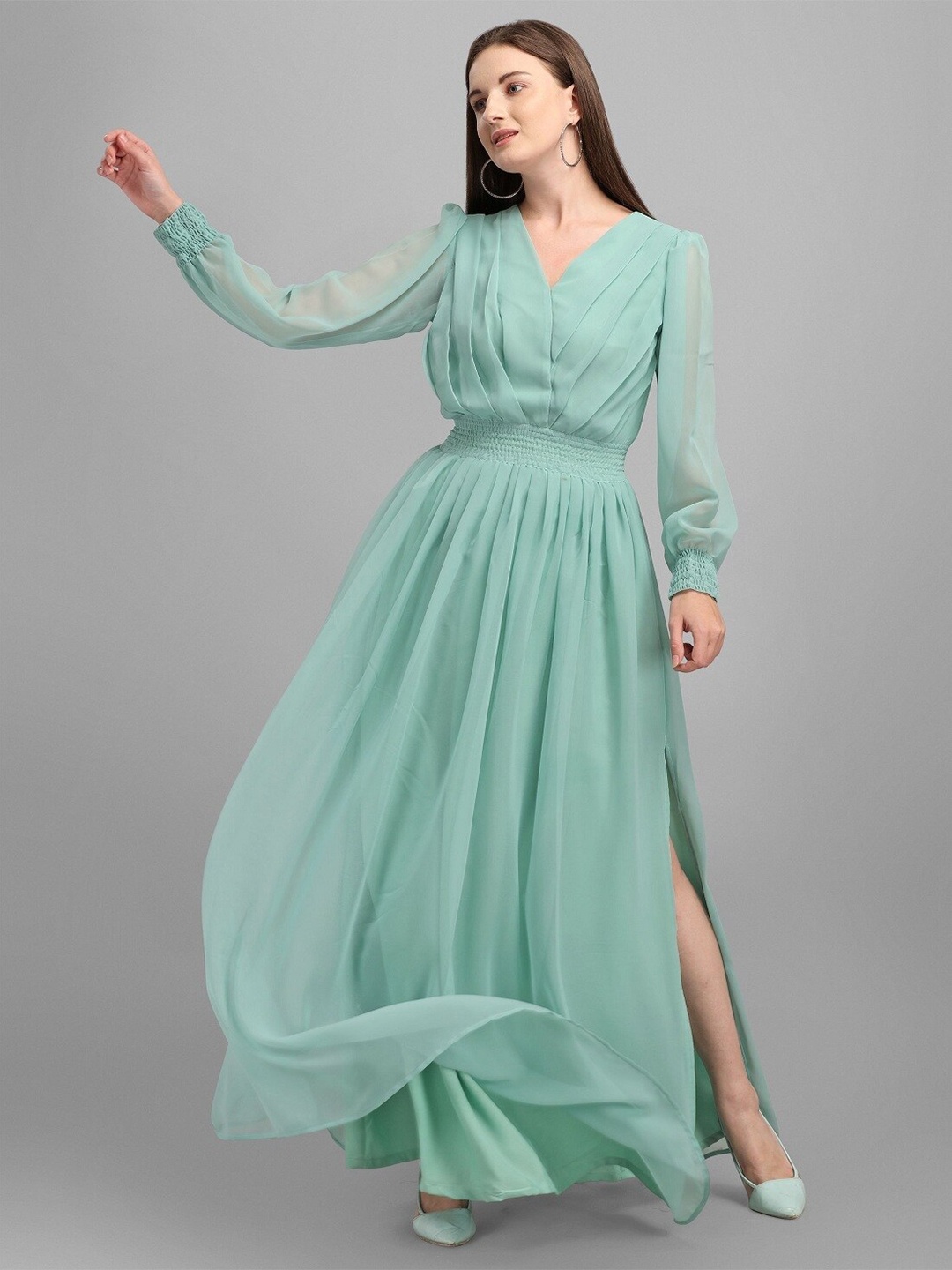 

YOYO Fashion Puffed Sleeves Georgette Maxi Dress, Green