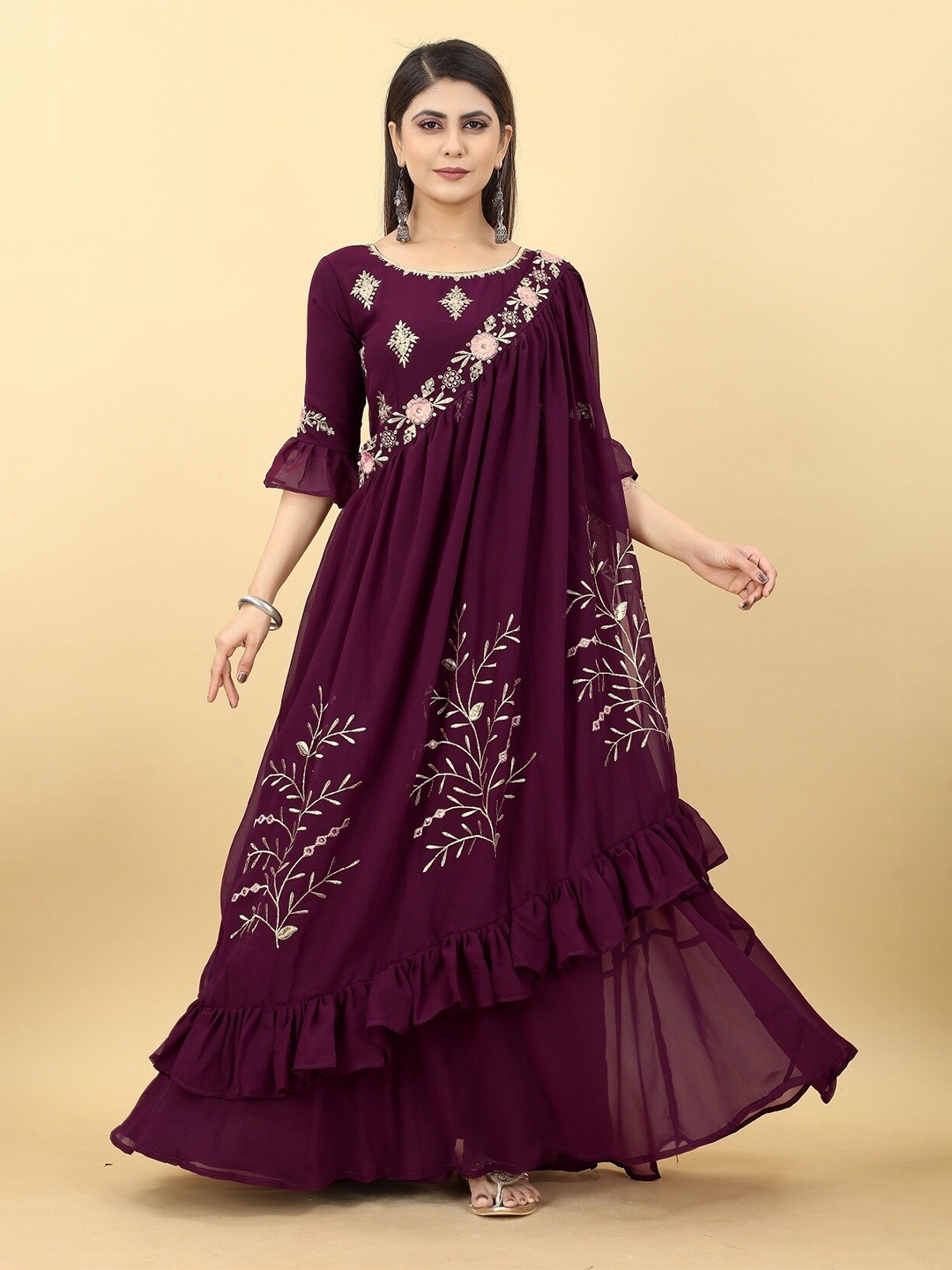 

YOYO Fashion Floral Embroidery Bell Sleeves Georgette Ethnic Dress With Dupatta, Maroon