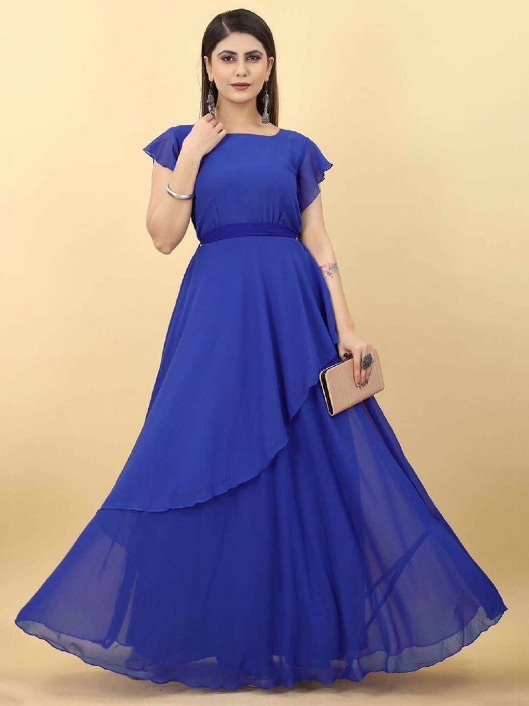 

YOYO Fashion Flutter Sleeves Layered Georgette Maxi Dress, Navy blue