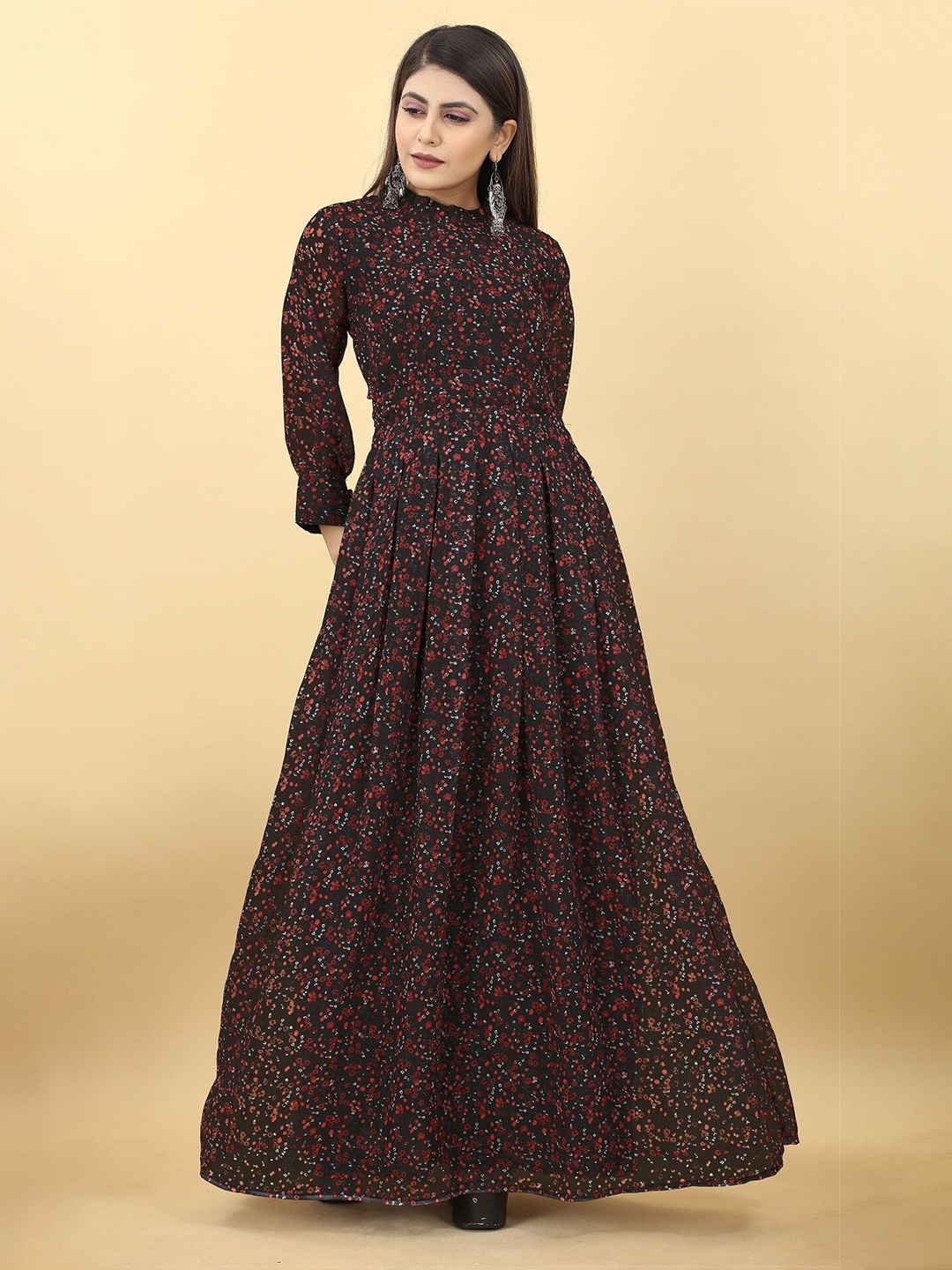 

YOYO Fashion Black Floral Print Georgette Maxi Dress