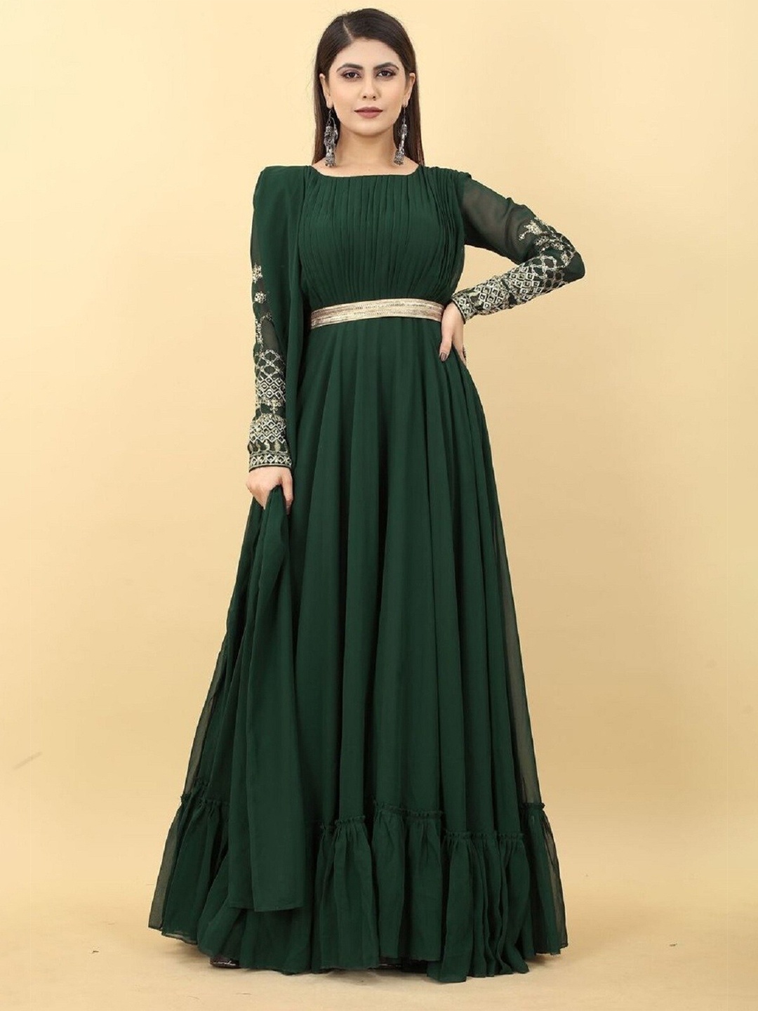 

YOYO Fashion Round Neck Georgette Fit And Flare Ethnic Dress With Dupatta, Green