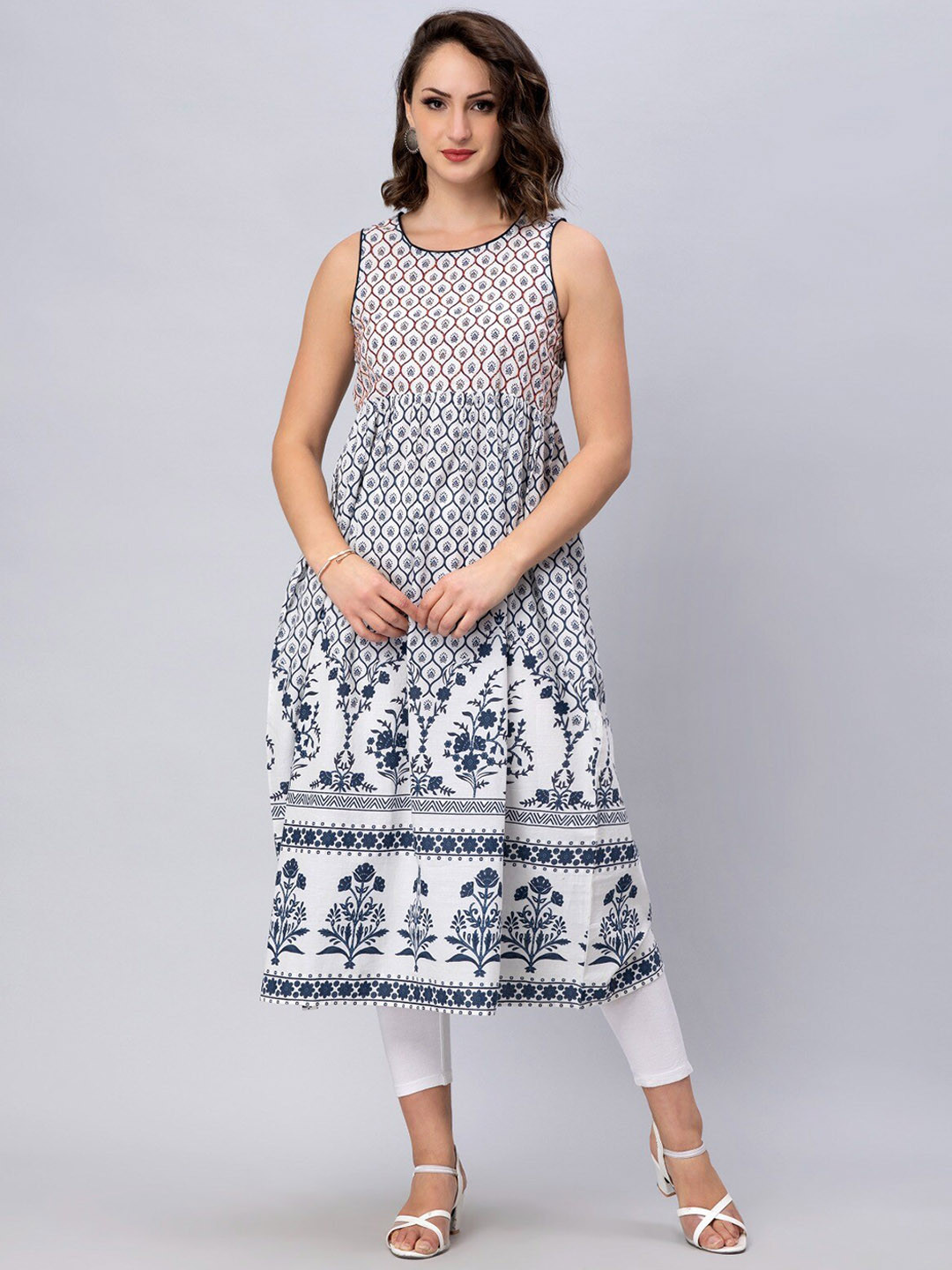 

Nehamta Ethnic Motifs Printed Cotton A-Line Kurta, White