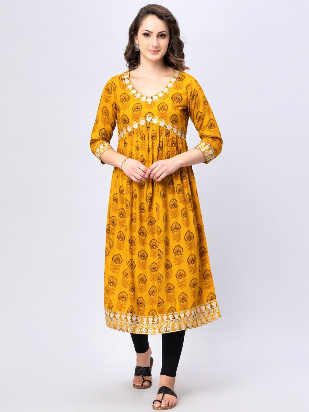 

Nehamta Ethnic Motifs Printed A-Line Kurta, Mustard