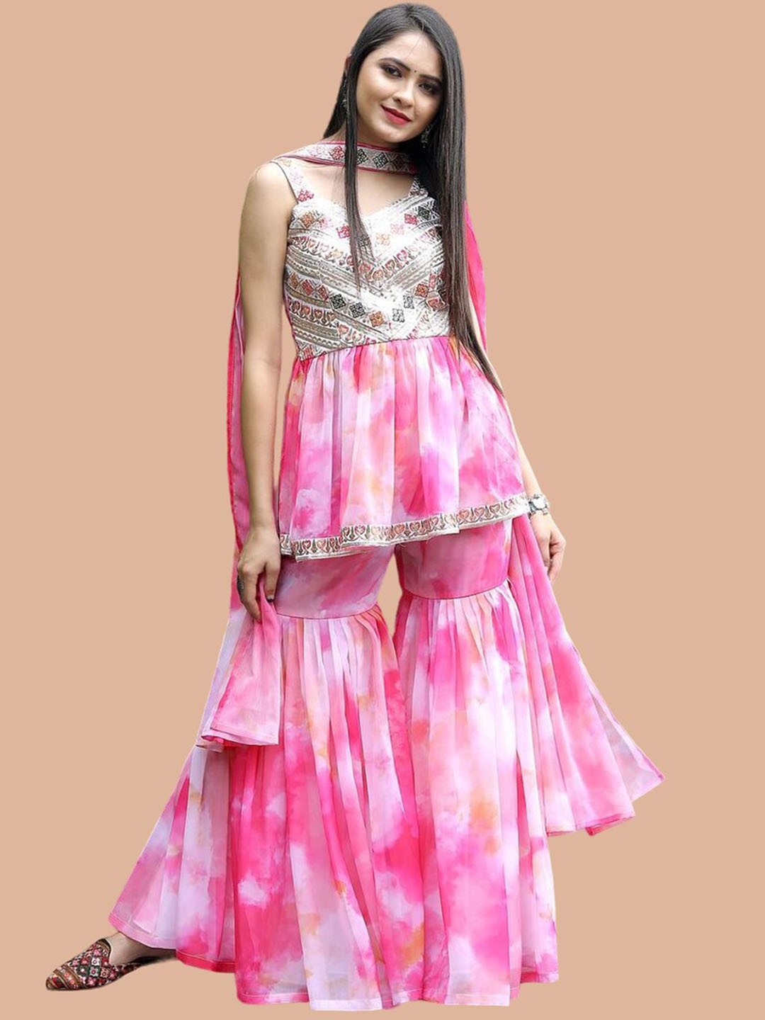 

Fashion Basket Ethnic Motifs Embroidered Sequined Kurti with Sharara & Dupatta, Pink