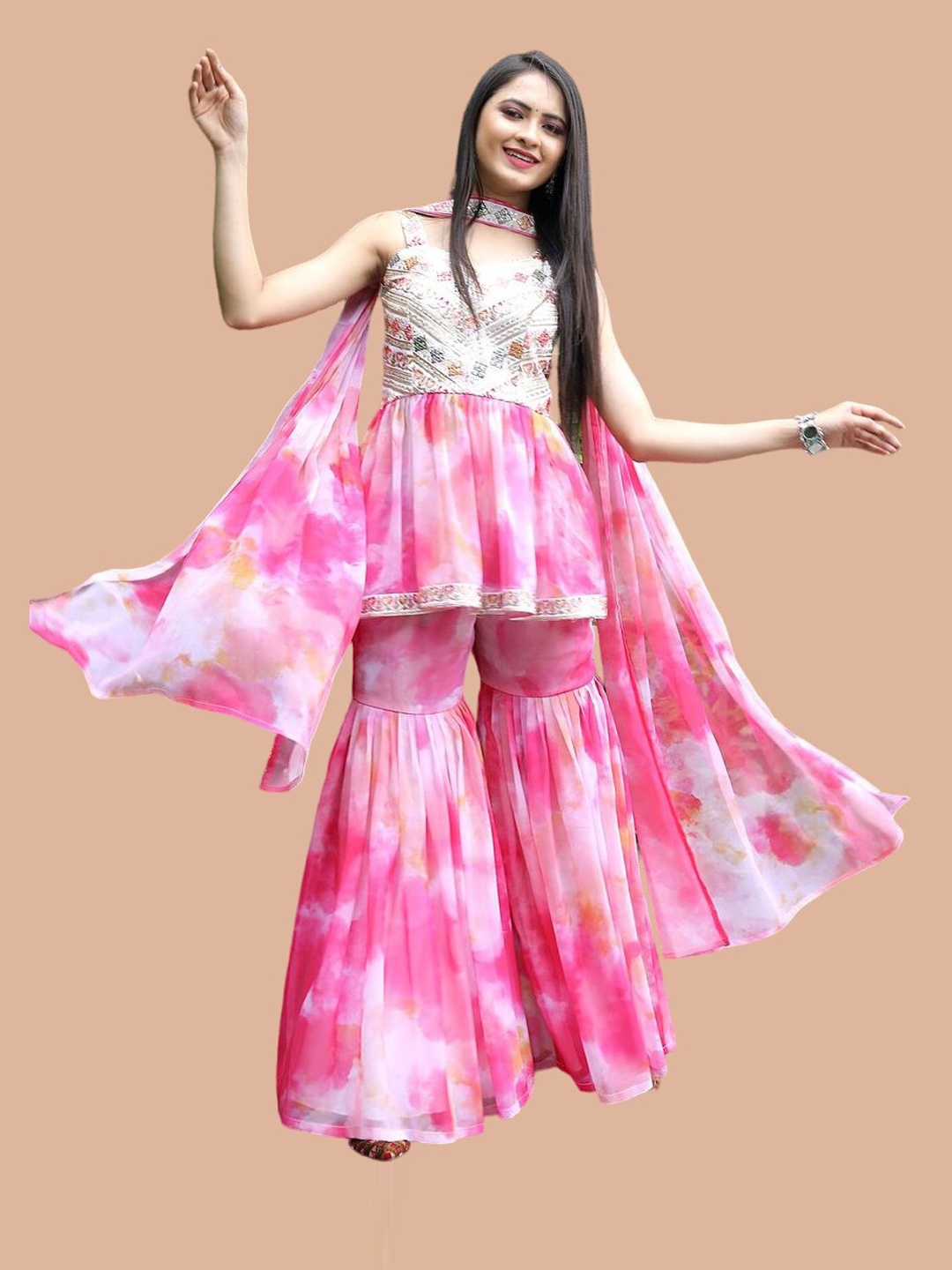

Fashion Basket Dyed Thread Work Kurta with Sharara & Dupatta, Pink