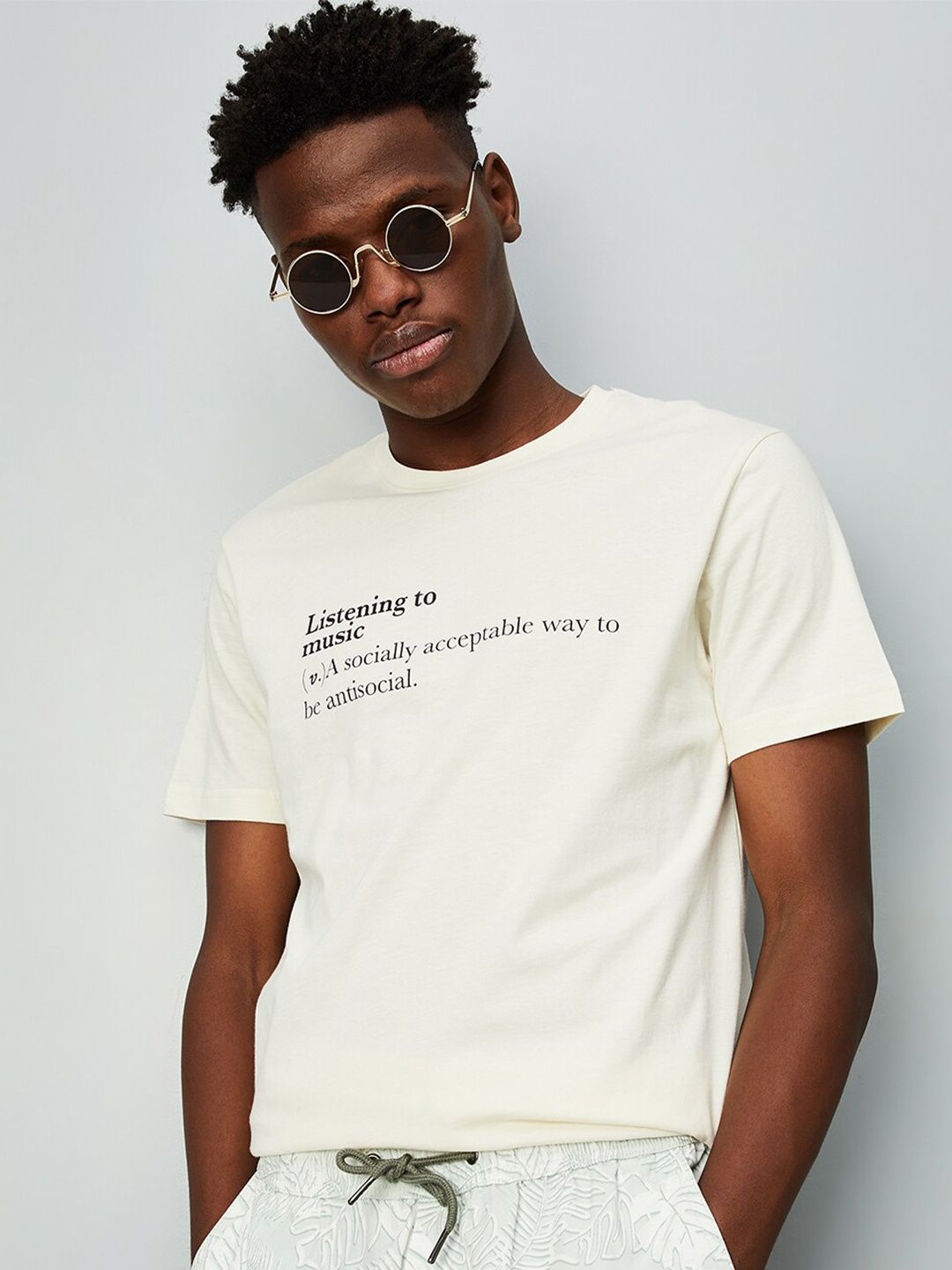 max Typography Printed Round Neck Pure Cotton T-shirt, Beige