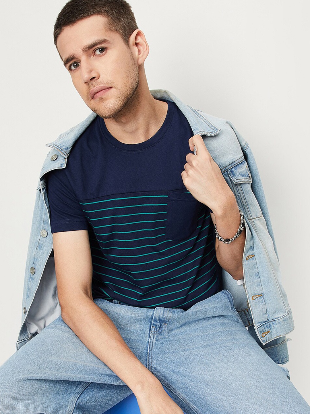 

max Striped Round Neck Pure Cotton T-shirt, Navy blue