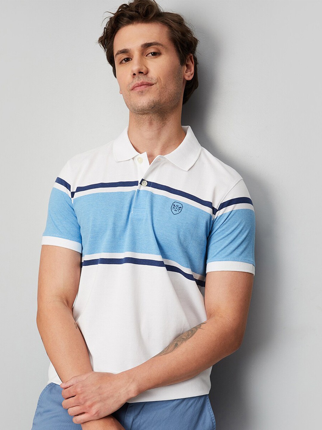 

max Colourblocked Polo Collar T-shirt, White