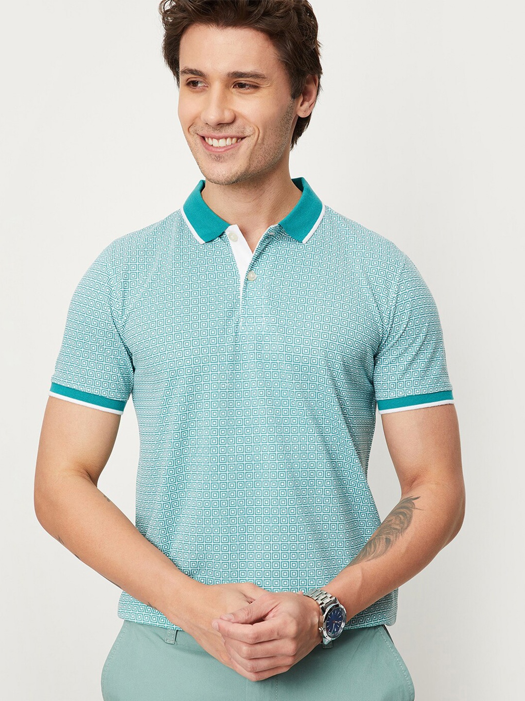

max Geometric Printed Polo Collar T-Shirt, Blue