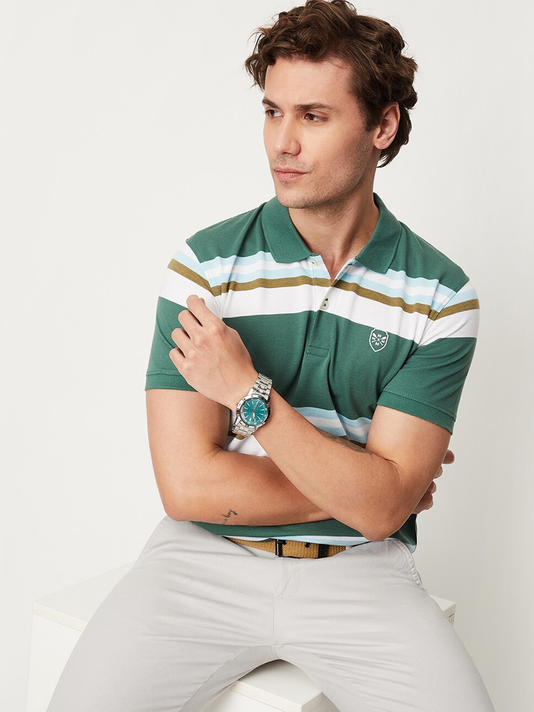 

max Vertical Striped Polo Collar T-Shirt, Green