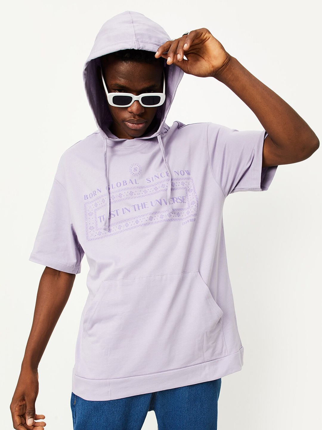 

max Typography Printed Hooded Neck Pure Cotton T-Shirt, Purple