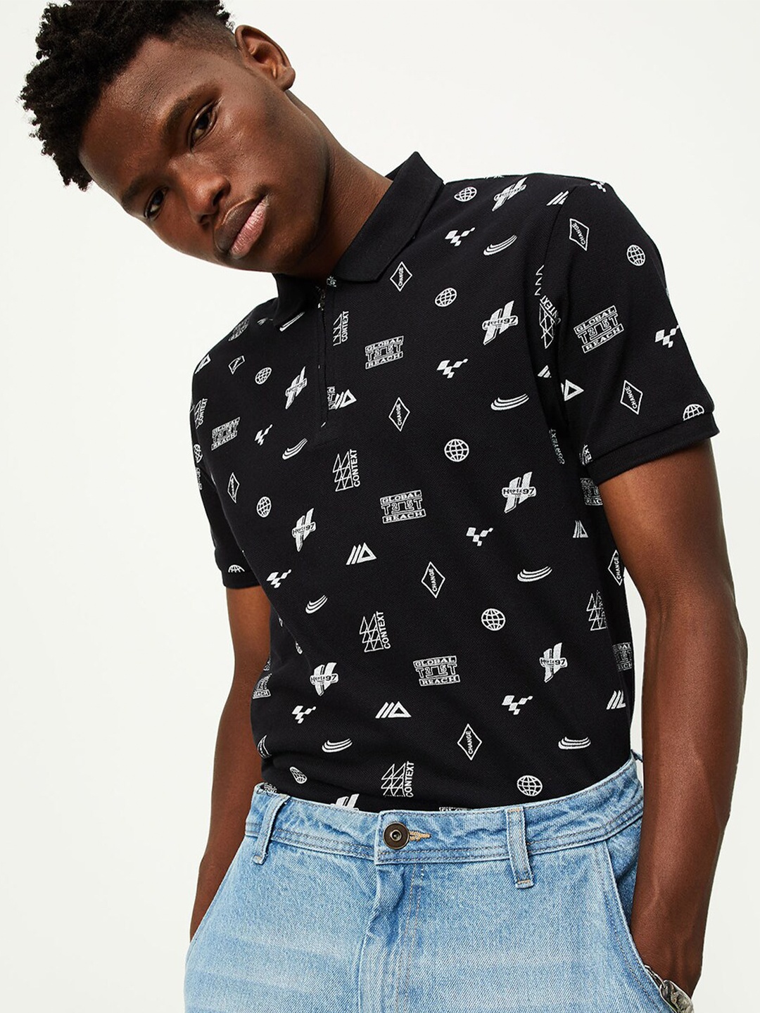 

max Conversational Printed Polo Collar Pure Cotton T-Shirt, Black