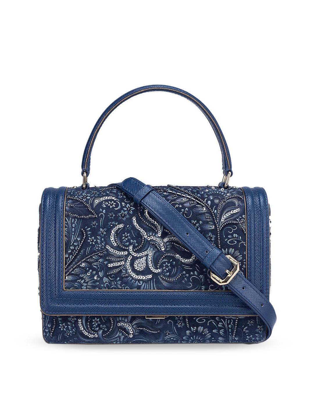 

Da Milano Ethnic Motifs Leather Structured Handheld Bag, Blue