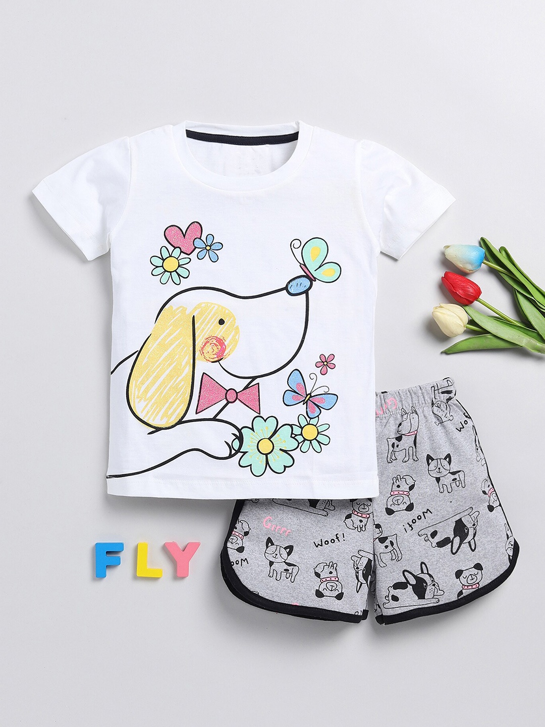 

YK Girls Printed T-shirt With Shorts, White