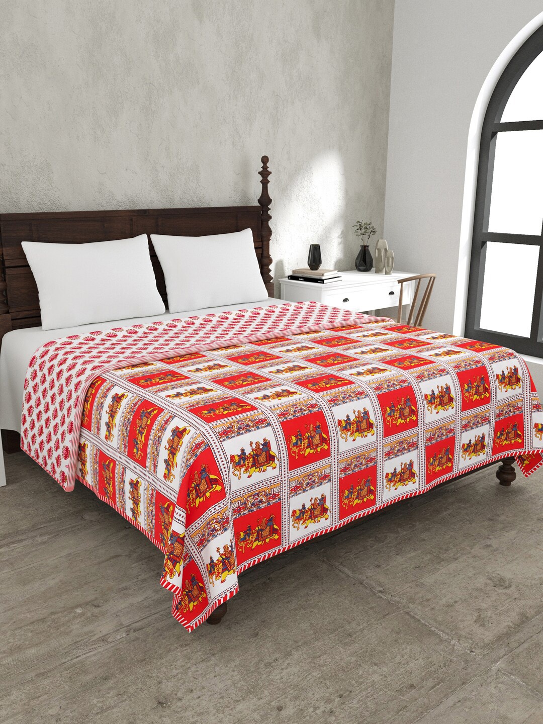 

JAIPUR FABRIC White & Red Ethnic Motifs Mild Winter 120 GSM Double Bed Dohar