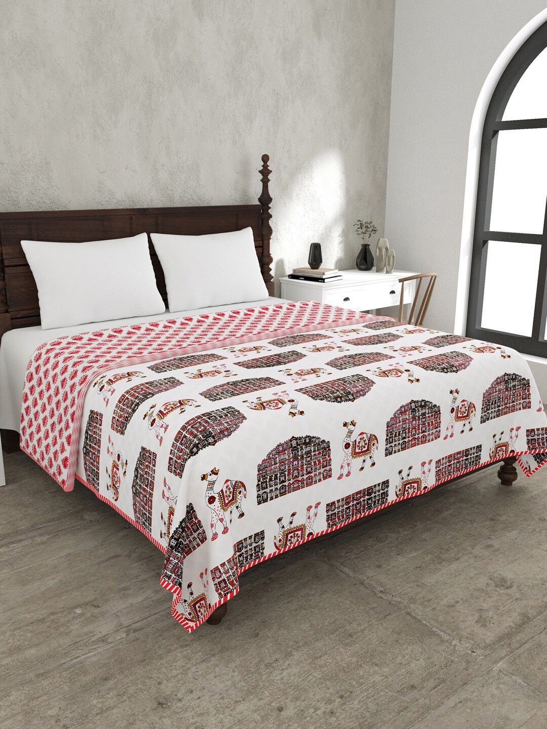 

JAIPUR FABRIC White & Pink Ethnic Motifs Mild Winter 120 GSM Double Bed Dohar