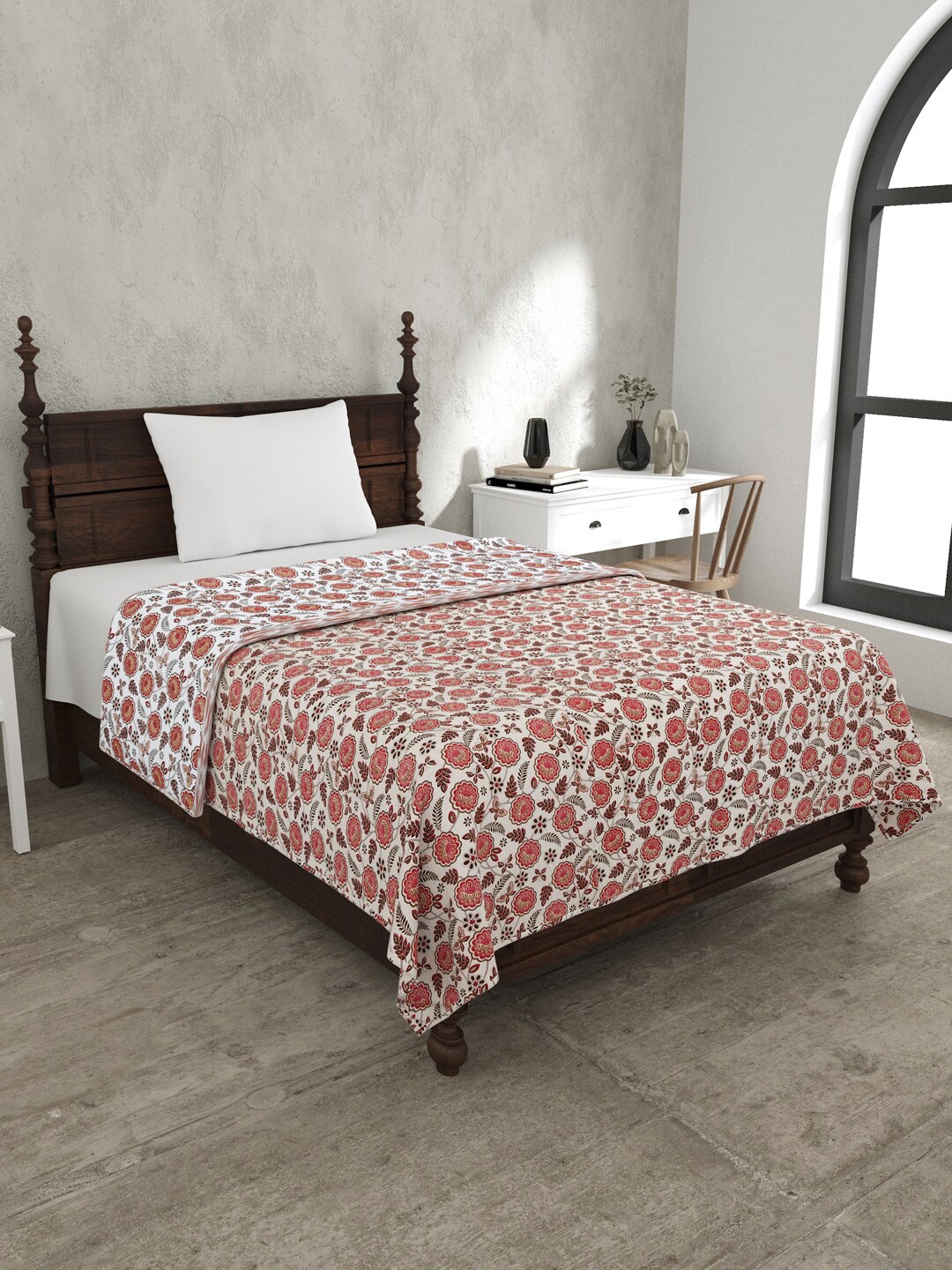 

JAIPUR FABRIC White & Pink Floral Mild Winter 120 GSM Single Bed Dohar