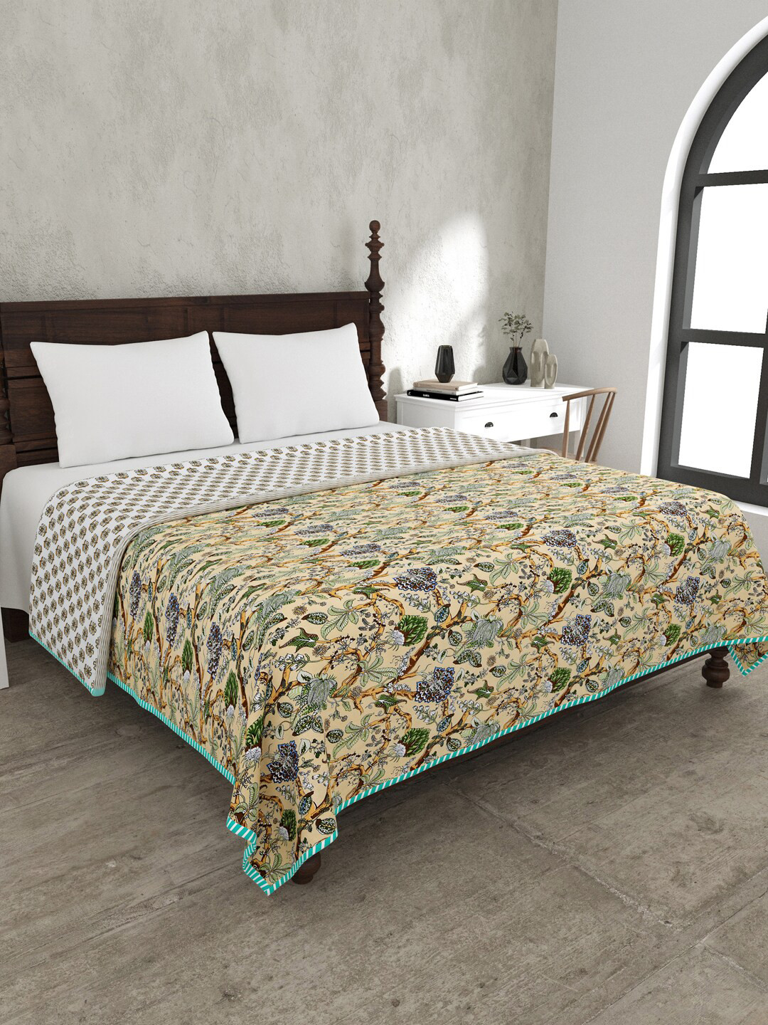 

JAIPUR FABRIC Yellow & Green Floral Mild Winter 120 GSM Double Bed Dohar