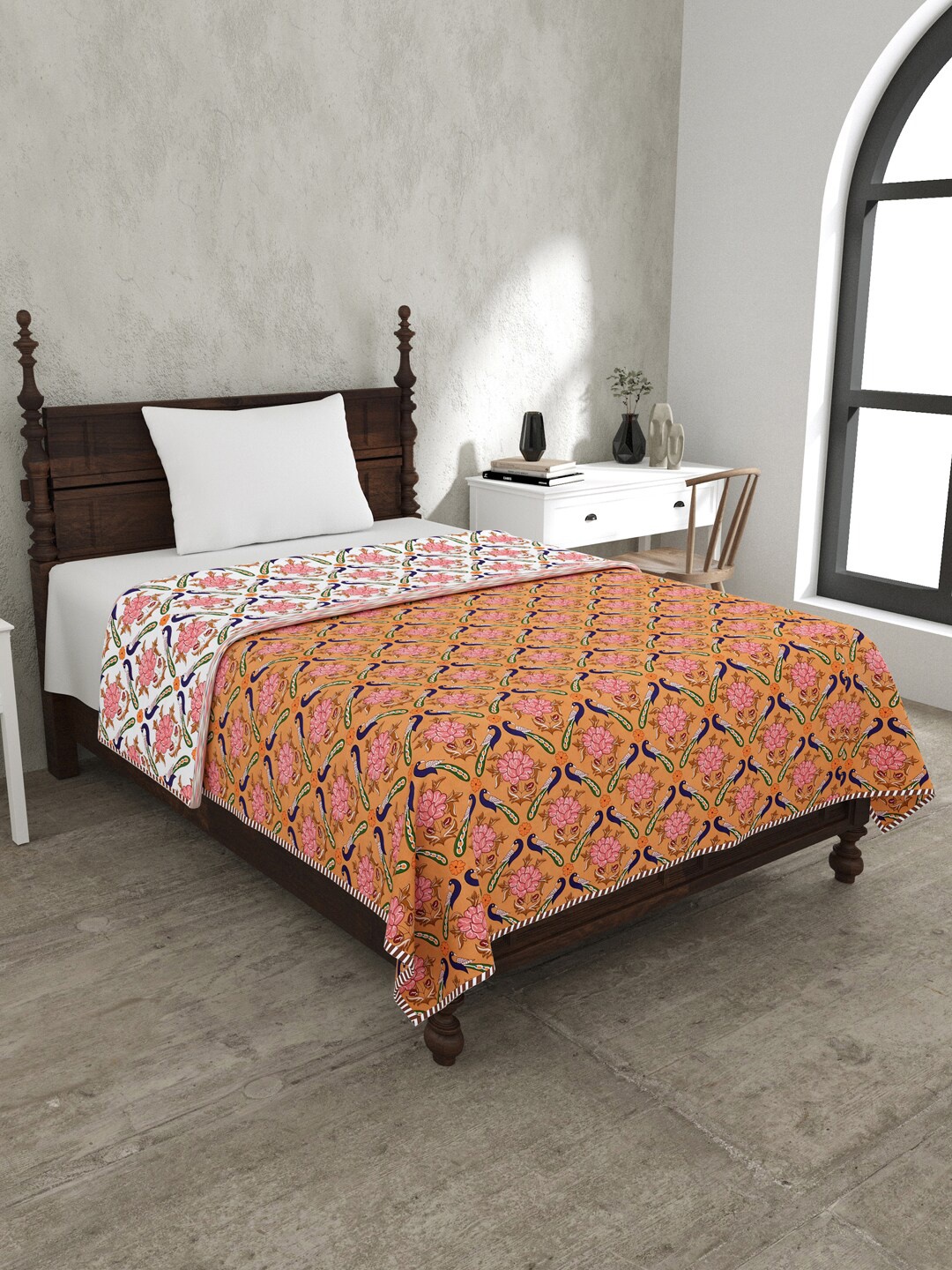 

JAIPUR FABRIC Orange & White Cotton Floral Mild Winter 120 GSM Single Bed Dohar