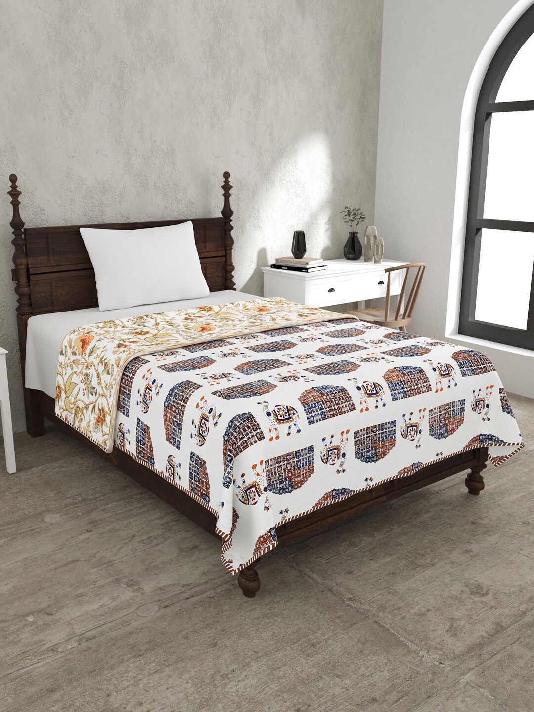 

JAIPUR FABRIC White & Orange Ethnic Motifs Mild Winter 120 GSM Single Bed Dohar