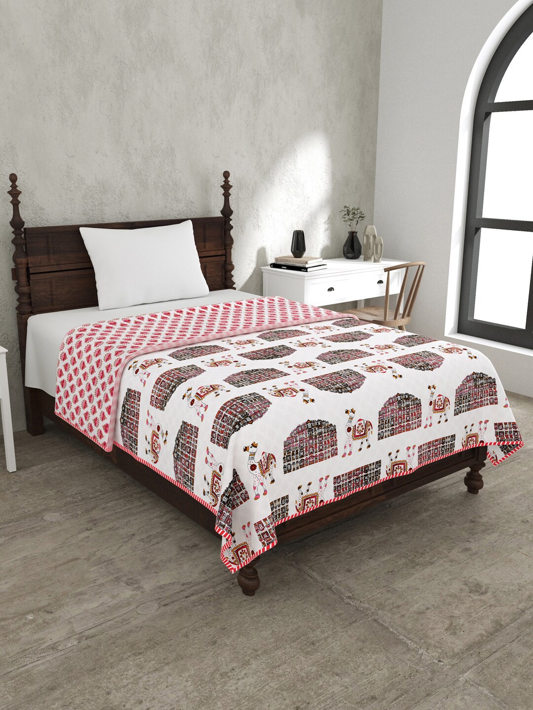 

JAIPUR FABRIC White & Pink Ethnic Motifs Mild Winter 120 GSM Single Bed Dohar