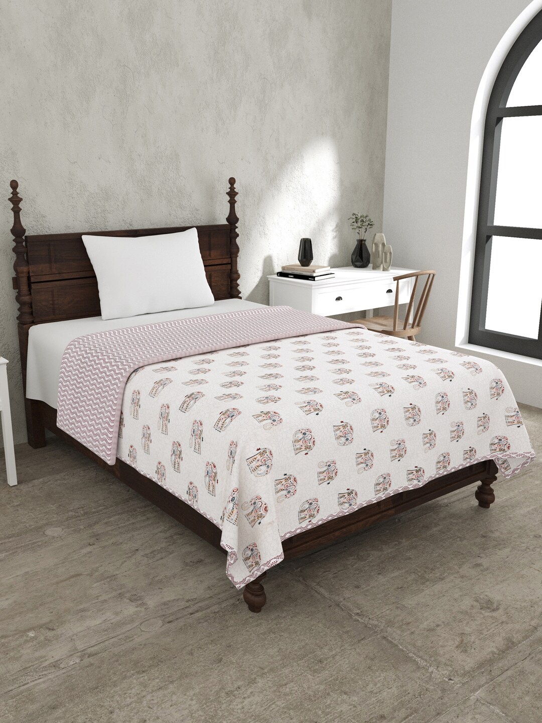 

JAIPUR FABRIC White & Pink Mild Winter Pure Cotton 120 GSM Single Bed Dohar