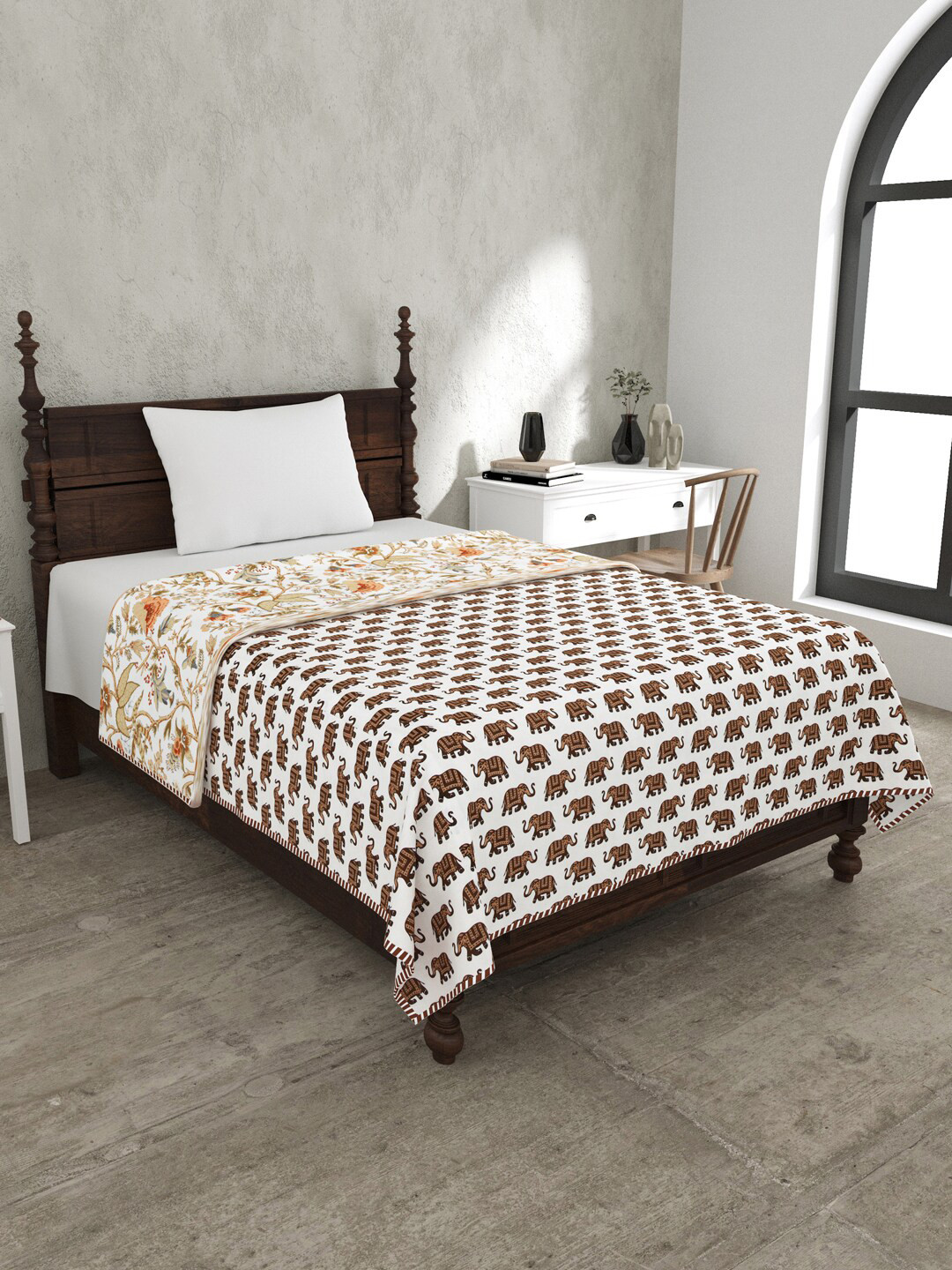 

JAIPUR FABRIC White & Brown Ethnic Motifs Pure Cotton Mild Winter 120 GSM Single Bed Dohar