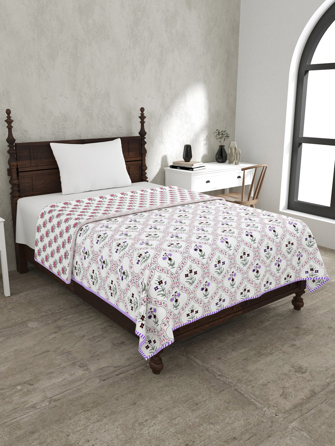 

JAIPUR FABRIC White & Purple Ethnic Motifs Pure Cotton 120 GSM Single Bed Dohar