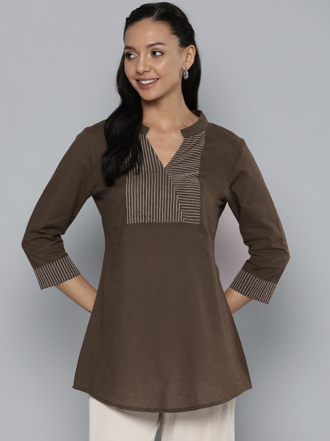 

HERE&NOW Yoke Design V-Neck Thread Work Kurti, Brown