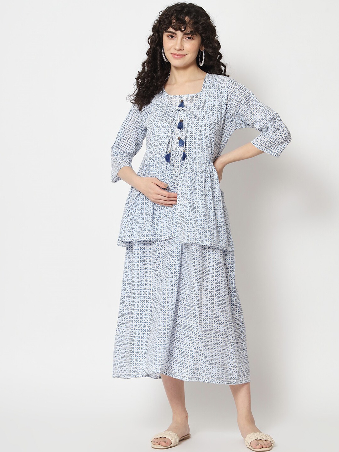 

Aujjessa Ethnic Motifs Printed Maternity A-Line Midi Dress, White