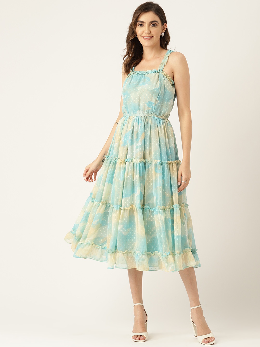 

LABEL REGALIA Printed Fit & Flare Tiered Midi Dress, Turquoise blue