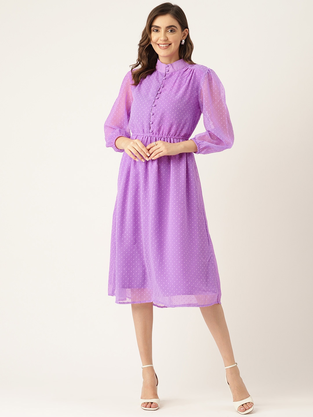 

LABEL REGALIA Self-Design Puff Sleeve Fit & Flare Dress, Lavender