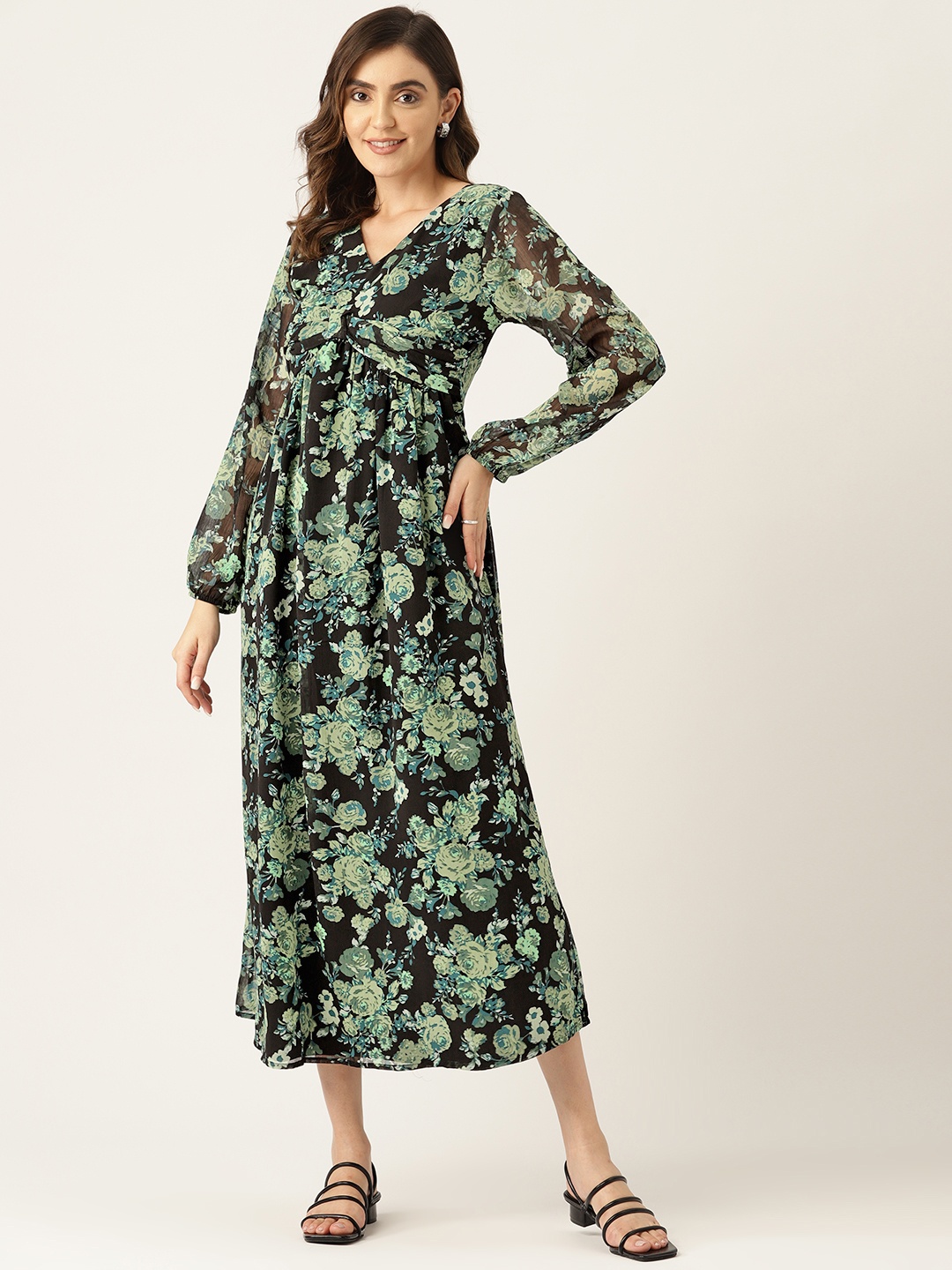 

LABEL REGALIA Floral Printed Puff Sleeve Empire Style Midi Dress, Green