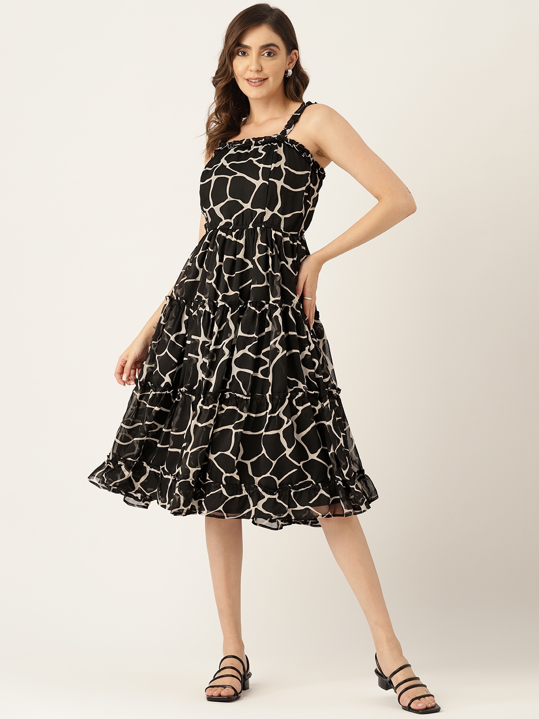 

LABEL REGALIA Printed Fit & Flare Tiered Dress, Black