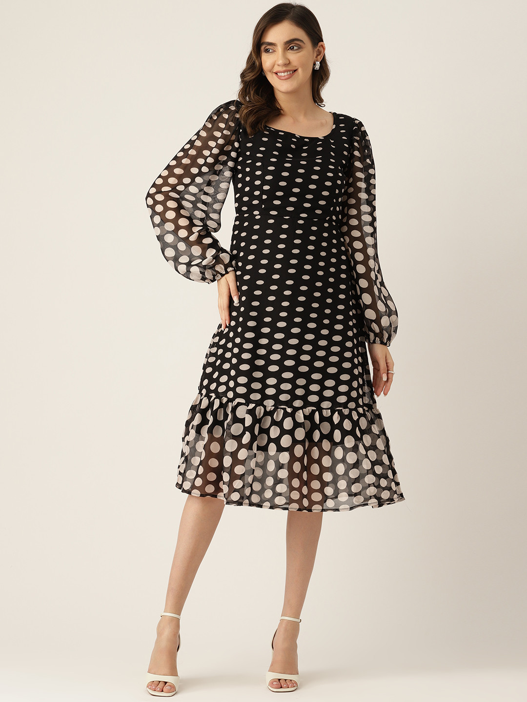 

LABEL REGALIA Black & Pink Polka Dot Print Georgette A-Line Dress