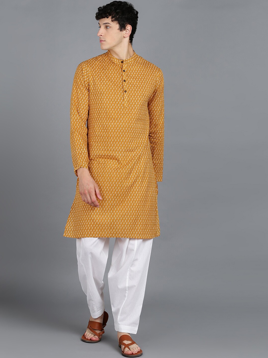 

HERE&NOW Ethnic Motifs Printed Regular Pure Cotton Kurta with Pyjamas, Mustard