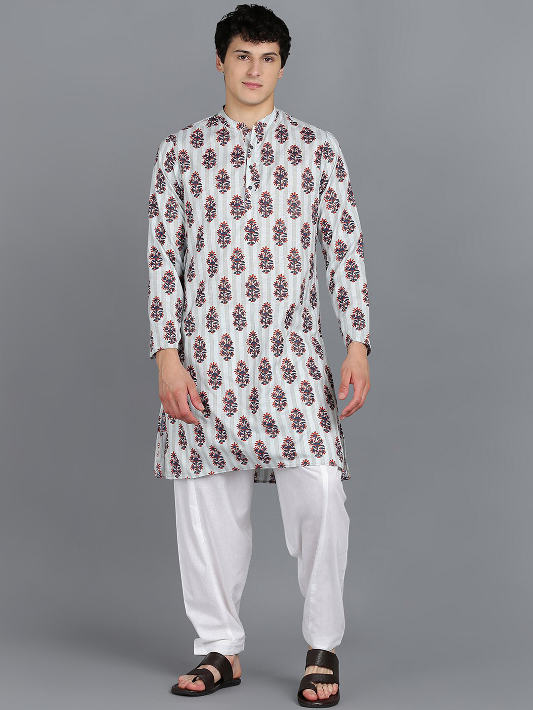 

HERE&NOW Floral Printed Band Collar Kurta with Pyjamas, Blue