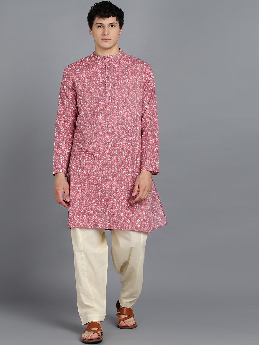 

HERE&NOW Floral Printed Band Collar Regular Pure Cotton Kurta with Pyjamas, Pink