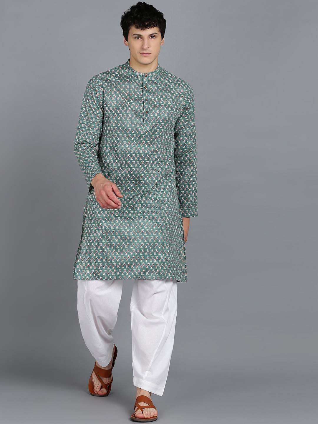 

HERE&NOW Floral Printed Band Collar Regular Pure Cotton Kurta with Pyjamas, Green
