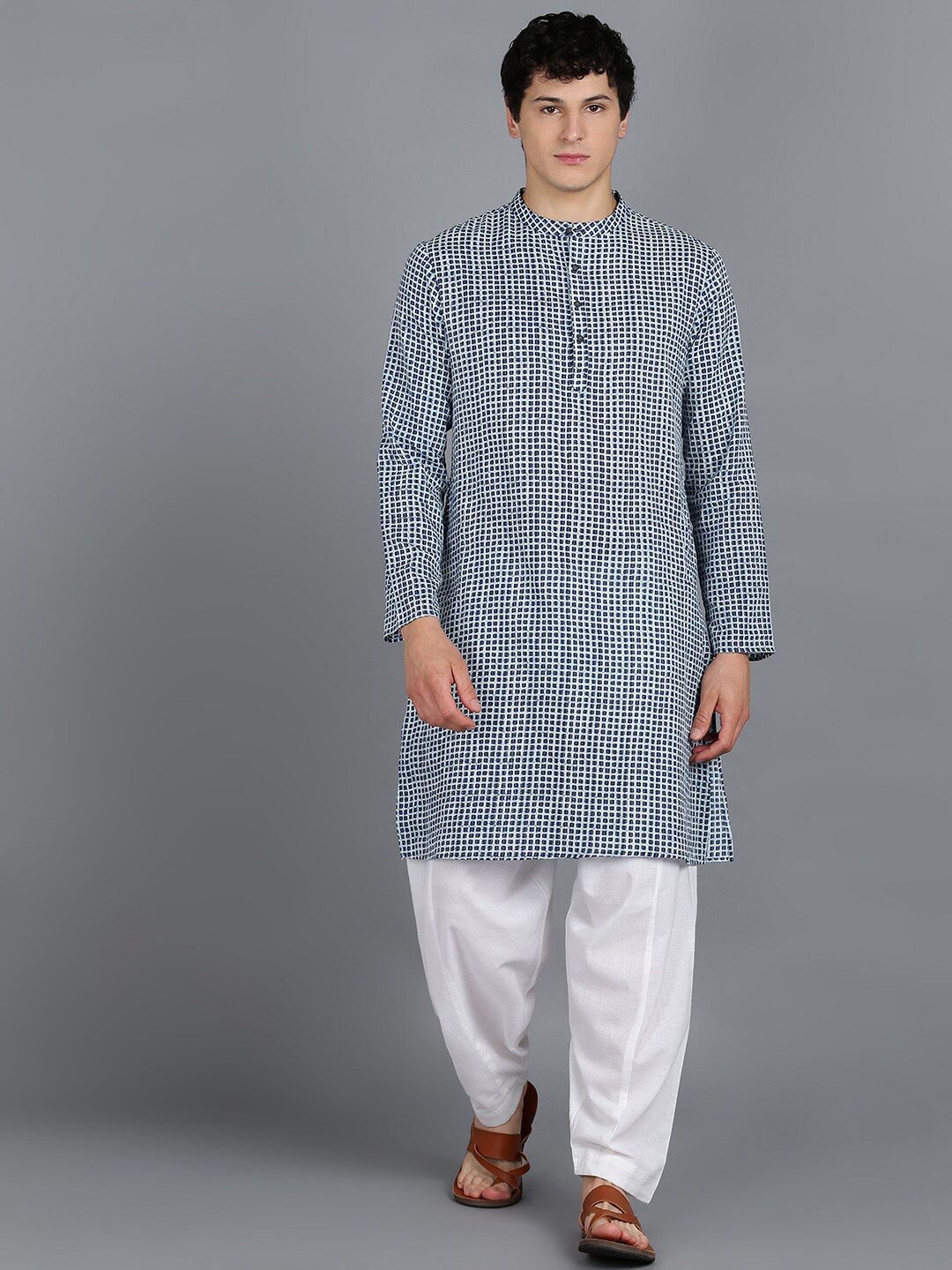 

HERE&NOW Checked Regular Pure Cotton Kurta with Pyjamas, Blue