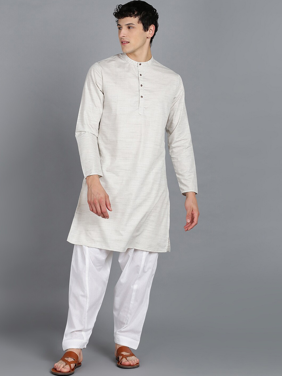 

HERE&NOW Grey & White Band Collar Kurta With Pyjamas