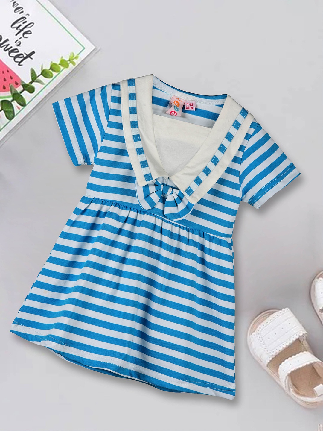 

Kids On Board Infants Striped V-Neck Cotton Fit & Flare Dress, Blue