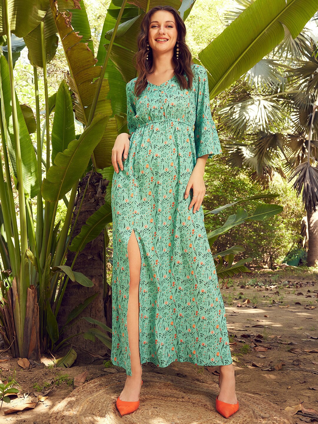 

STREET 9 Green & Orange Floral Printed A-Line Maxi Dress